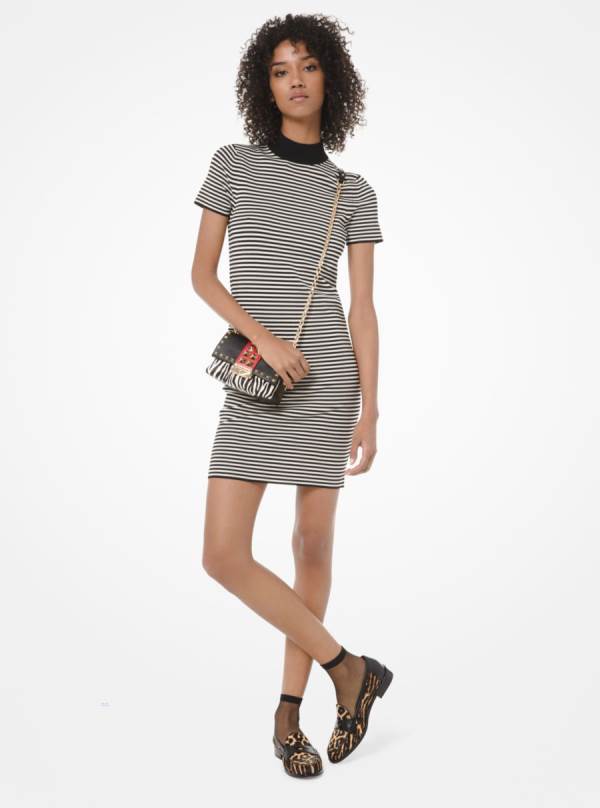 Damske Saty Michael Kors Striped Stretch Viscose Mock-Neck Čierne - Oblecenie Michael Kors Slevy | LIEBH-5419